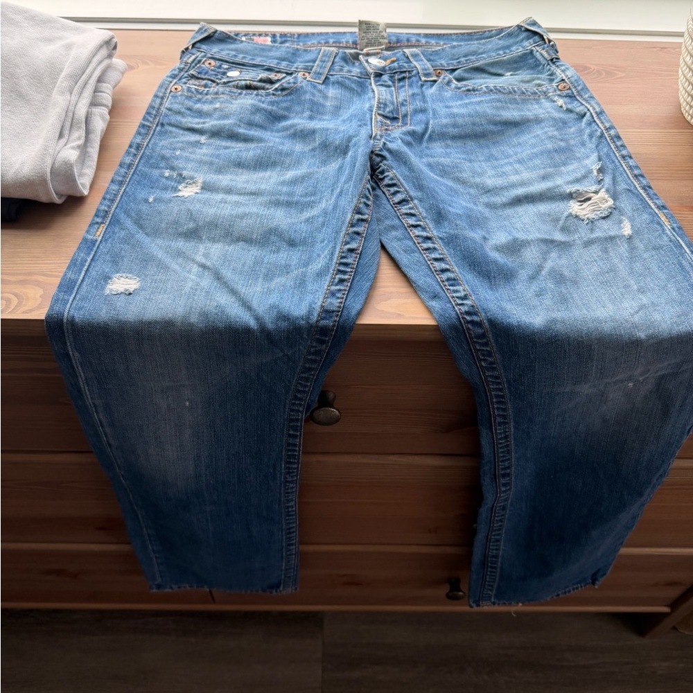 True Religion Men's Straight Jeans - Medium Blue Distressed